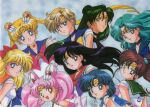  1990s_(style) 6+girls :d aino_minako aqua_hair bangs bishoujo_senshi_sailor_moon black_eyes black_hair blonde_hair blue_eyes blue_hair brown_hair chibi_usa choker closed_mouth crescent crescent_earrings double_bun earrings elbow_gloves eyebrows_visible_through_hair gloves green_eyes green_hair hair_bobbles hair_cones hair_ornament heart heart_choker high_ponytail highres hino_rei jewelry kaiou_michiru kino_makoto leotard light_brown_hair long_hair looking_at_viewer magical_girl meiou_setsuna mizuno_ami multiple_girls official_art open_mouth photoshop_(medium) pink_hair purple_eyes red_eyes retro_artstyle sailor_chibi_moon sailor_jupiter sailor_mars sailor_mercury sailor_moon sailor_neptune sailor_pluto sailor_senshi sailor_senshi_uniform sailor_uranus sailor_venus scan short_hair smile star_(symbol) star_choker super_sailor_chibi_moon super_sailor_moon ten&#039;ou_haruka tiara tsukino_usagi twintails very_long_hair 