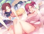  3girls bangs breasts brown_eyes brown_hair camcorder camera closed_eyes dutch_angle hair_bobbles hair_ornament half-closed_eyes holding holding_camera leaning_forward medium_breasts multiple_girls naked_towel navel onsen open_mouth original red_hair sleeping smile steam towel towel_on_head vania600 wet 