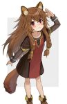 1girl animal_ear_fluff animal_ears bangs blush brown_footwear brown_sweater commentary diszkr2 eyebrows_visible_through_hair highres long_hair looking_at_viewer open_hand pink_eyes raccoon_ears raccoon_tail raphtalia sidelocks solo sweater tail tate_no_yuusha_no_nariagari 