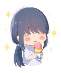  1girl :p =_= arms_up atu bangs blue_hair blue_scrunchie blue_shirt blush blush_stickers chibi closed_eyes dark_blue_hair eyebrows_visible_through_hair food hands_up holding holding_food ice_cream ice_cream_cone long_hair low_ponytail ponytail scrunchie shima_rin shirt short_eyebrows short_sleeves sidelocks simple_background sparkle t-shirt tongue tongue_out twitter_username v-neck v_arms white_background yurucamp 