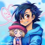  1boy ash_ketchum black_hair brown_eyes commentary_request doll doll_hug eyebrows_visible_through_hair hair_ornament hat hatsuru_826 highres hood hoodie looking_at_viewer object_hug open_mouth pokemon pokemon_(anime) pokemon_xy_(anime) short_hair smile solo 