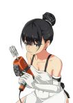  1girl bangs black_hair breasts cleavage elbow_gloves fujisawa_takashi gloves hair_bun holding looking_at_viewer original small_breasts solo tools white_background white_gloves 