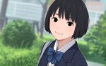  1girl black_hair blazer blurry blurry_background bow bowtie dutch_angle jacket kyak_bamboo looking_at_viewer original outdoors school_uniform short_hair smile solo upper_body 