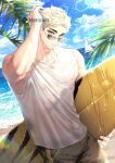 1boy arm_up bangs beach bird blonde_hair blue_sky boat brown_eyes closed_mouth cloud commentary day eyebrows haikyuu!! hand_in_hair hemoon holding holding_surfboard looking_at_viewer male_focus male_swimwear male_underwear miya_atsumu multicolored_hair ocean outdoors palm_tree sailboat sand seagull see-through shirt short_hair sky solo summer sunglasses surf surfboard swim_trunks symbol-only_commentary toned toned_male tree twitter_username two-tone_hair underwear water watercraft wet wet_clothes wet_shirt white_shirt 