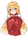  1girl blonde_hair blue_eyes breasts closed_mouth colette_brunel cosplay folks_(nabokof) jacket lloyd_irving lloyd_irving_(cosplay) long_hair long_sleeves looking_at_viewer simple_background smile solo tales_of_(series) tales_of_symphonia white_background 