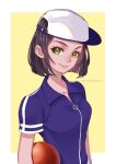  1girl baseball_cap basketball black_hair blue_shirt bob_cut border closed_mouth collarbone green_eyes hat looking_at_viewer original shiny shiny_hair shirt short_hair short_sleeves smile solo tabby_chan twitter_username upper_body white_border yellow_background 