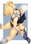  2girls abs anagumasan angel_(kof) bearhug blonde_hair blue_eyes boots bra breasts cowboy_boots cropped_jacket dead_or_alive fighting fingerless_gloves gloves hair_over_one_eye highres hug jacket large_breasts leather leather_jacket multiple_girls one_eye_closed open_mouth snk squeezing strapless strapless_bra the_king_of_fighters the_king_of_fighters_2001 the_king_of_fighters_xiv tina_armstrong toned underwear waist_hug white_hair wrestling 