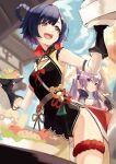  2girls absurdres bangs belt blue_hair blurry blurry_background braid breasts china_dress chinese_clothes chopsticks dress eating elbow_gloves food food_in_mouth genshin_impact gloves groin hair_rings highres holding holding_chopsticks holding_food holding_plate keqing_(genshin_impact) lumo_1121 multiple_girls open_mouth plate purple_hair red_eyes sleeveless small_breasts smile teeth thigh_strap upper_teeth xiangling_(genshin_impact) yellow_eyes 