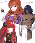  1boy 2girls anrietta_rochefort arc_the_lad arc_the_lad_ii arc_the_lad_iii blue_eyes brown_hair closed_mouth curly_hair dress gloves gruga highres long_hair looking_at_viewer multiple_girls simple_background smile trois_(arc_the_lad) white_background yurumagma 