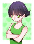  1girl bangs black_hair blunt_bangs border buttercup_(ppg) closed_mouth crossed_arms green_background green_eyes green_shirt heart heart_background powerpuff_girls shiny shiny_hair shirt short_hair sleeveless sleeveless_shirt solo tabby_chan twitter_username upper_body v-shaped_eyebrows white_border 