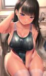  1girl :p arm_behind_head bangs bare_arms bare_shoulders bathroom between_legs black_hair black_swimsuit breasts closed_mouth collarbone commentary_request cowboy_shot eyebrows_visible_through_hair faucet hand_between_legs highleg highleg_swimsuit indoors kase_daiki large_breasts long_hair mole mole_under_eye one-piece_swimsuit original purple_eyes revision sideboob sink sitting solo swimsuit thighhighs toilet toilet_paper tongue tongue_out wet white_legwear 