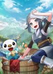  1girl :d akari_(pokemon) black_hair brown_footwear bubble cloud cyndaquil day eyelashes fire grass grey_eyes head_scarf highres long_hair mountain open_mouth oshawott outdoors pokemon pokemon_(creature) pokemon_(game) pokemon_legends:_arceus ponytail red_scarf rowlet sash scarf scarf_removed setta_shu shoes sidelocks sky sleeves_rolled_up smile socks starter_pokemon_trio teeth tongue tree upper_teeth washtub water white_headwear white_legwear 