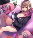  1girl animal bangs blurry blurry_background blush breasts brown_hair can candy cat cellphone cleavage commentary_request cosmetics earrings energy_drink eyebrows_visible_through_hair fingernails flower_pot food handheld_game_console headphones headphones_around_neck highres holding hood hood_down hooded_jacket indoors jacket jewelry knee_up lollipop long_sleeves looking_at_viewer medium_breasts mole mole_on_breast nail_polish nintendo_switch original panties paw_print phone pillow plant purple_eyes reward_available shiny shiny_hair shiny_skin sitting sleeping table thighs tomose_shunsaku underwear 