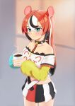  1girl absurdres alternate_hairstyle animal_ears black_hair black_shorts black_skirt blue_eyes breasts cheese choker coffee coffee_cup cup disposable_cup food hakos_baelz highres hololive hololive_english key medium_breasts mouse_ears mouse_girl mouse_tail multicolored_hair rappyfx red_hair red_skirt shirt shorts skirt spiked_choker spikes streaked_hair tail virtual_youtuber white_hair white_shirt white_skirt 