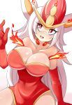  1girl absurdres bare_shoulders borrowed_character breasts cinderace cleavage collarbone covered_navel eyebrows_visible_through_hair gloves highres large_breasts long_hair looking_at_viewer lucyfer open_mouth personification pokemon red_eyes red_gloves smile solo teeth upper_teeth white_hair 