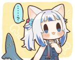  ... ...? 1girl :p ? animal_ears bangs bare_arms black_outline blue_eyes blue_hair blunt_bangs blush_stickers cat_ears chibi commentary dated_commentary fish_tail gawr_gura hair_cubes hair_ornament hololive hololive_english multicolored_hair official_alternate_costume outline same_anko shark_tail side_ponytail simple_background solo speech_bubble spoken_ellipsis spoken_question_mark tail tongue tongue_out two-tone_hair virtual_youtuber white_hair yellow_background 