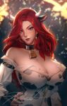  1girl absurdres animal_ears animal_print bare_shoulders bell belt blue_eyes breasts cleavage collar cow_ears cow_horns cow_print cowbell earrings highres horns jewelry large_breasts league_of_legends long_hair looking_at_viewer miss_fortune_(league_of_legends) mole mole_under_eye red_hair roll_out_road solo 