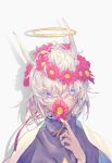  1boy blue_eyes cape colored_inner_hair flower grey_&#039;flat grey_background halo highres looking_at_viewer male_focus mimizuku_(sky:_children_of_the_light) multicolored_hair pink_flower shadow sky:_children_of_the_light solo two-tone_hair white_background white_cape white_hair wreath 
