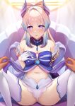  1boy 1girl bangs bare_shoulders blunt_bangs blurry blush breast_grab breasts brooch cameltoe cleavage closed_mouth clothes_lift depth_of_field detached_collar fino_ko genshin_impact gloves grabbing highres jewelry lifted_by_another looking_at_viewer medium_breasts navel pink_hair pov purple_eyes sangonomiya_kokomi self_fondle shirt_lift sitting spread_legs thighhighs thighs wing_hair_ornament zettai_ryouiki 