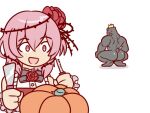  1girl ass bangs black_bow bow broly_culo_(meme) clothing_cutout crown eyebrows_visible_through_hair flower hair_flower hair_ornament hamster holding holding_knife karei_(otachi18) king_(rosemi_lovelock) knife meme nijisanji nijisanji_en open_mouth pink_eyes plant pumpkin red_flower red_rose rose rosemi_lovelock short_sidetail shoulder_cutout smile thorns vines virtual_youtuber white_background 