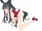  1girl absurdres animal_ears bangs bare_legs black_hair blush boots breasts closed_mouth collar commentary_request eyebrows_visible_through_hair fake_animal_ears fake_tail hair_between_eyes high_heel_boots high_heels highres kantai_collection leotard long_hair medium_breasts necktie nitamako_(sakamalh) playboy_bunny ponytail rabbit_ears red_eyes red_footwear red_leotard scrunchie sidelocks simple_background smile solo tail white_background white_necktie wrist_cuffs yahagi_(kancolle) 