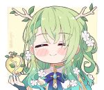 1girl =_= antlers apple bangs blue_nails blush_stickers bridal_gauntlets brooch ceres_fauna chibi closed_mouth commentary english_commentary eyebrows_visible_through_hair fingernails flower food fruit golden_apple green_hair hair_between_eyes hair_flower hair_ornament hololive hololive_english jewelry kukie-nyan long_hair mole mole_under_eye nail_polish one_side_up smile solo upper_body virtual_youtuber 