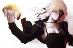  1girl artoria_pendragon_(fate) bangs black_jacket blonde_hair breasts burger closed_mouth collarbone dark_persona fate/grand_order fate_(series) food hair_between_eyes holding holding_food i-pan jacket jet_black_king_of_knights_ver._shinjuku_1999 medium_breasts medium_hair ponytail saber_alter saliva solo upper_body visor yellow_eyes 