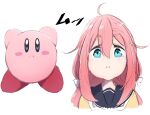  1girl 1other ahoge aqua_eyes bangs beige_serafuku blue_eyes blush bow eyebrows_visible_through_hair hair_between_eyes hair_bow hair_intakes highres kagamihara_nadeshiko kirby kirby_(series) light_blush long_bangs long_hair low_twintails neckerchief pink_hair puffy_cheeks sailor_collar school_uniform serafuku shiny shiny_hair shiny_skin short_eyebrows shumashi simple_background sketch twintails white_background white_bow white_neckerchief yurucamp 