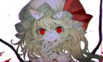  1girl :q artist_name ascot bangs blonde_hair commentary_request crystal fingernails flandre_scarlet frilled_shirt_collar frills hair_between_eyes hand_up hat hat_ribbon highres long_fingernails long_hair mob_cap mochacot one_side_up pointy_ears portrait red_eyes red_nails red_ribbon ribbon side_ponytail slit_pupils smile solo tongue tongue_out touhou upper_body white_background white_headwear wings yellow_ascot 