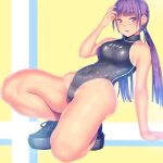  1girl a.x. bangs black_footwear black_swimsuit blunt_bangs commentary_request competition_swimsuit highleg highleg_swimsuit long_hair low_twintails one-piece_swimsuit original purple_eyes purple_hair shiny shoes sleeveless sleeveless_turtleneck sneakers solo squatting swimsuit turtleneck twintails 