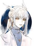  1boy artist_name cape circlet earrings grey_hair highres jewelry light_smile looking_at_viewer male_focus medium_hair ponytail sidelocks sky:_children_of_the_light solo upper_body xiaohailang630 yellow_eyes 