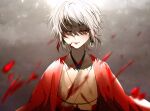  1boy bishounen blood blood_on_clothes blood_on_face earrings grey_background japanese_clothes jewelry kimono looking_at_viewer male_focus original red_eyes shihou_no_suke short_hair upper_body white_hair 