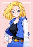  1girl android_18 belt black_shirt blonde_hair blue_eyes blue_jacket blue_skirt blush breasts brown_belt collarbone commentary dragon_ball dragon_ball_z earrings english_commentary floating_hair grin hand_on_hip jacket jewelry long_hair long_sleeves looking_at_viewer makeup mascara medium_breasts open_clothes open_jacket shirt skirt sleeveless sleeveless_jacket smile solo standing striped_sleeves tabby_chan white_sleeves 