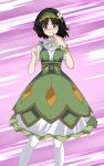  1girl absurdres black_hair blue_eyes blush bracelet dress erika_(pokemon) flower hair_flower hair_ornament headband highres jewelry official_alternate_costume pantyhose pokemon pokemon_(game) pokemon_masters_ex short_hair short_sleeves solo sweatdrop thighhighs tsukishiro_saika 