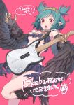  1girl bird_legs black_feathers black_wings blush botamochi_(exwelder) breasts claws collar commentary_request commission electric_guitar green_hair guitar harpy holding holding_instrument indie_virtual_youtuber instrument lincoro monster_girl open_mouth pointy_ears red_eyes short_hair short_twintails skeb_commission small_breasts solo thank_you tiara twintails underboob virtual_youtuber winged_arms wings 