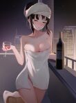  1girl absurdres alcohol alternate_hairstyle areola_slip areolae balcony bare_arms bare_shoulders basket black_hair blush bottle breasts building city cleavage collarbone cowboy_shot cup dated_commentary drinking_glass female_pubic_hair highres holding holding_cup houraisan_kaguya large_breasts looking_at_viewer maho_(woaishixiang) naked_towel night night_sky nose_blush outdoors parted_lips pubic_hair pubic_hair_peek red_eyes short_hair sky solo star_(sky) starry_sky touhou towel towel_on_head wine wine_bottle wine_glass 