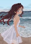  1girl bare_arms bare_shoulders beach blue_eyes blue_sky blush breasts brown_hair closed_mouth cloud commentary_request day dress elisia_valfelto from_side hair_intakes highres horizon long_hair looking_at_viewer looking_to_the_side luicent ocean original outdoors sky sleeveless sleeveless_dress small_breasts solo very_long_hair water white_dress 