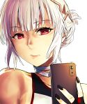  1girl altera_(fate) bare_shoulders black_gloves black_nails bright_pupils cellphone close-up closed_mouth fate/extella fate/extra fate_(series) fingerless_gloves fingernails gloves highres holding holding_phone i-pan looking_at_viewer nail_polish phone red_eyes selfie simple_background smartphone solo white_background white_hair white_pupils 