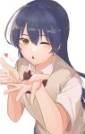  1girl bangs blowing_kiss blue_hair commentary_request hair_between_eyes heart long_hair looking_at_viewer love_live! love_live!_school_idol_project one_eye_closed otonokizaka_school_uniform school_uniform shirt simple_background solo sonoda_umi summer_uniform sweater_vest swept_bangs white_background white_shirt yellow_eyes zunda_mochi_(zundamochilala) 