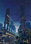  2021 artist_name building city city_lights cityscape cloud dusk flying_train highres k_kanehira lights night no_humans original scenery science_fiction sky skyscraper tree urban 