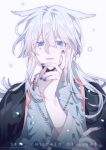  1boy blue_eyes blue_nails copyright_name facial_mark grey_hair hand_up highres jewelry long_hair looking_at_viewer male_focus nanbanchenga necklace pale_skin simple_background sky:_children_of_the_light solo upper_body watermark white_background white_hair 