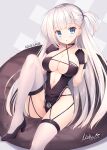  1girl azur_lane bangs bare_shoulders black_choker black_dress black_footwear black_gloves blue_eyes blush breasts choker cleavage commentary_request copyright_name criss-cross_halter dated dress eyebrows_visible_through_hair feet_out_of_frame gloves halterneck hands_up high_heels highres knee_up large_breasts long_hair mitha mole mole_under_eye official_alternate_costume one_side_up parted_lips race_queen revision shoes shoukaku_(azur_lane) shoukaku_(sororal_wings)_(azur_lane) signature skindentation solo thighhighs very_long_hair white_hair white_legwear 