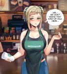  1girl alternate_costume apron artist_name bare_shoulders barista black_shirt blonde_hair blue_pants blush braid braided_bun breasts cafe coffee_maker_(object) collarbone commentary contemporary cup double_bun english_commentary english_text fire_emblem fire_emblem_heroes gradient_hair green_apron green_eyes green_ribbon hair_bun hair_ribbon half-closed_eyes henriette_(fire_emblem) holding holding_cup holding_pen iced_latte_with_breast_milk_(meme) indoors large_breasts looking_at_viewer meme moize_opel multicolored_hair pants pen pink_hair ribbed_shirt ribbon shirt short_hair sidelocks sleeveless sleeveless_shirt solo speech_bubble starbucks surprised 