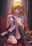  1girl baseball_bat black_hairband black_legwear blonde_hair blood blood_on_clothes blood_on_face blood_on_leg blue_skirt breasts brown_footwear collarbone collared_shirt commentary dress_shirt hairband highres higurashi_no_naku_koro_ni houjou_satoko ito_t20a knee_up kneehighs looking_at_viewer medium_breasts pink_neckwear pink_ribbon pleated_skirt purple_eyes ribbon school_uniform shirt short_hair sitting skirt smile solo st._lucia_academy_school_uniform syringe white_shirt 