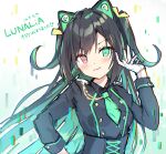  1girl animal_ears bangs black_hair black_shirt blush character_request closed_mouth collared_shirt commentary_request eyebrows_visible_through_hair fake_animal_ears gloves green_eyes green_hair green_necktie hand_up head_tilt heterochromia highres long_hair long_sleeves looking_at_viewer lunaria_-virtualized_moonchild- multicolored_hair necktie pink_eyes saeki_sora shirt short_necktie smile solo two-tone_hair two_side_up upper_body very_long_hair white_gloves 