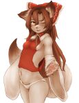  1girl animal_ears bare_shoulders blush body_fur bow breasts brown_eyes brown_hair commentary_request dog_ears dog_tail furrification furry furry_female hair_bow hair_tubes hakurei_reimu hawthorn highres japanese_clothes long_hair looking_at_viewer miko navel no_bra one_eye_closed open_mouth panties shiny shiny_hair simple_background small_breasts solo standing tail touhou underwear white_background white_panties 