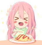  &gt;_&lt; 1girl arm_up atu bangs blush blush_stickers collar collared_shirt eyebrows_visible_through_hair food food_on_face green_shirt hair_between_eyes hair_intakes hand_up happy holding holding_spoon kagamihara_nadeshiko long_bangs long_hair low_twintails omurice open_mouth pink_hair pink_scrunchie plate scrunchie shirt short_eyebrows short_sleeves sidelocks simple_background smile spoon star_(symbol) table twintails twitter_username white_background yurucamp 