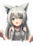  1girl absurdres animal_ears arknights bad_id bad_pixiv_id bangs cat_ears commentary cropped_torso dress earpiece eyebrows_visible_through_hair fang green_eyes grey_dress grey_hair hair_between_eyes hands_up highres hiiragi_ragi looking_at_viewer open_mouth rosmontis_(arknights) simple_background solo straight-on upper_body white_background 