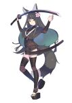  1girl animal_ears arms_up bangs belt black_dress black_hair black_legwear blunt_bangs breasts capelet cherry_blossoms dress enkyo_yuuichirou flower fox_ears fox_tail full_body hair_between_eyes hair_flower hair_ornament highres holding holding_sword holding_weapon katana kitsunegasaki_tametsugu_(tenka_hyakken) long_hair long_sleeves looking_at_viewer official_art pink_flower platform_footwear sandals sheath simple_background solo sword tail tenka_hyakken thighhighs toeless_legwear weapon white_background yellow_eyes zettai_ryouiki 