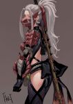  1girl black_gloves blue_eyes bodysuit brown_background fkey from_side gloves highres looking_at_viewer looking_to_the_side mask monster_hunter:_world monster_hunter_(character) monster_hunter_(series) mouth_mask odogaron_(armor) ponytail rope shimenawa simple_background solo white_hair 